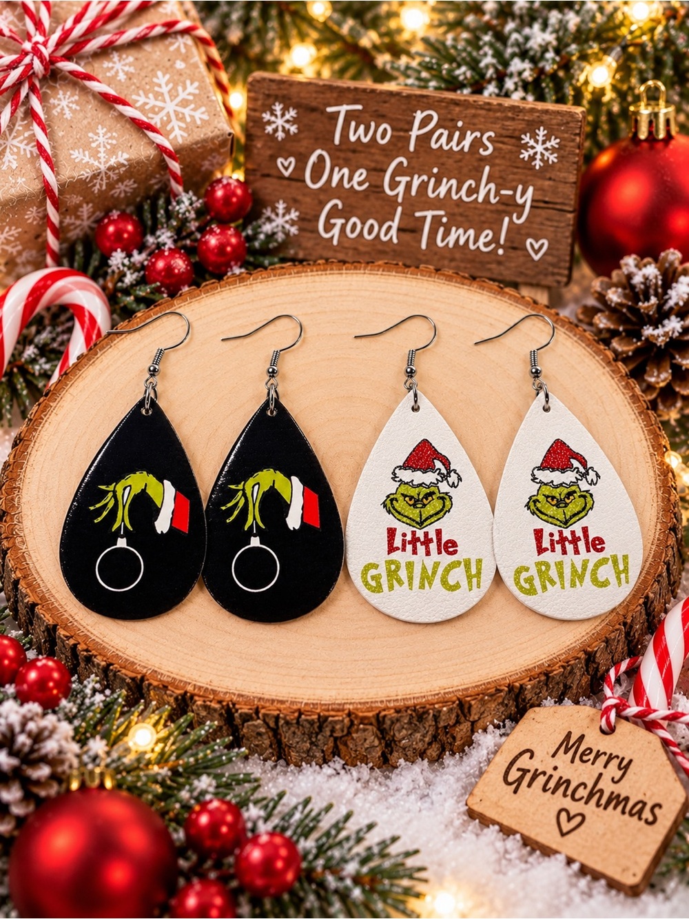 Grinch Christmas Earrings 2 Pair Set 3” Faux Leather Holiday Dangle Earrings.NWT